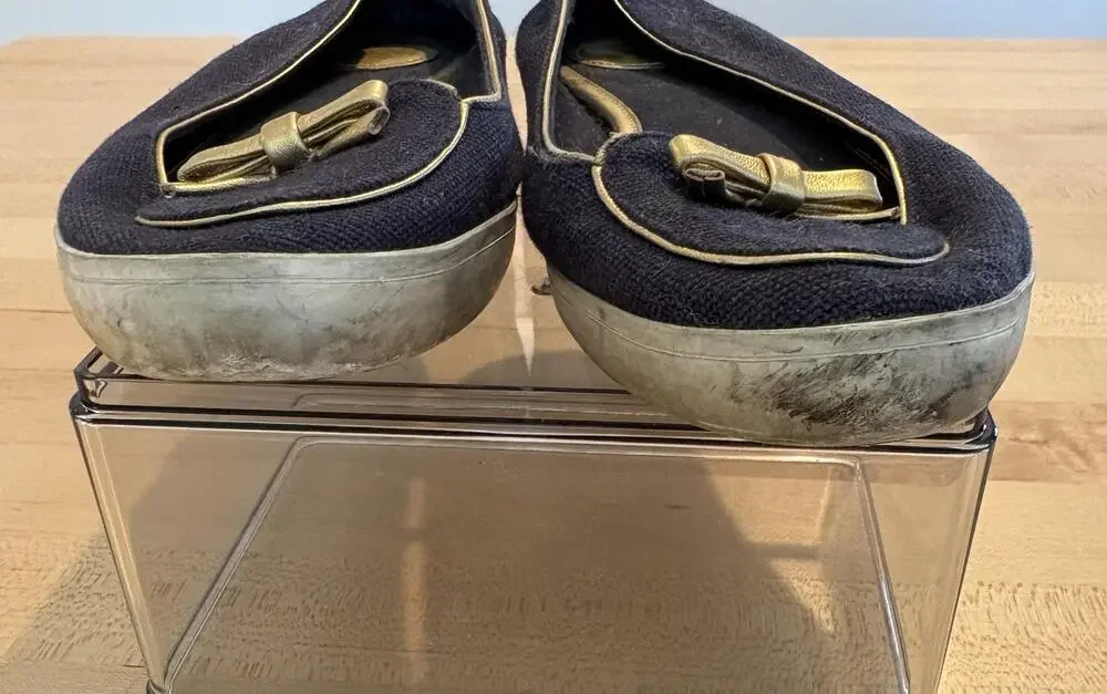 Tory Burch Shoes Womens Size 6 Navy Gold Logo Canvas Bow Ballet Flats Casual
